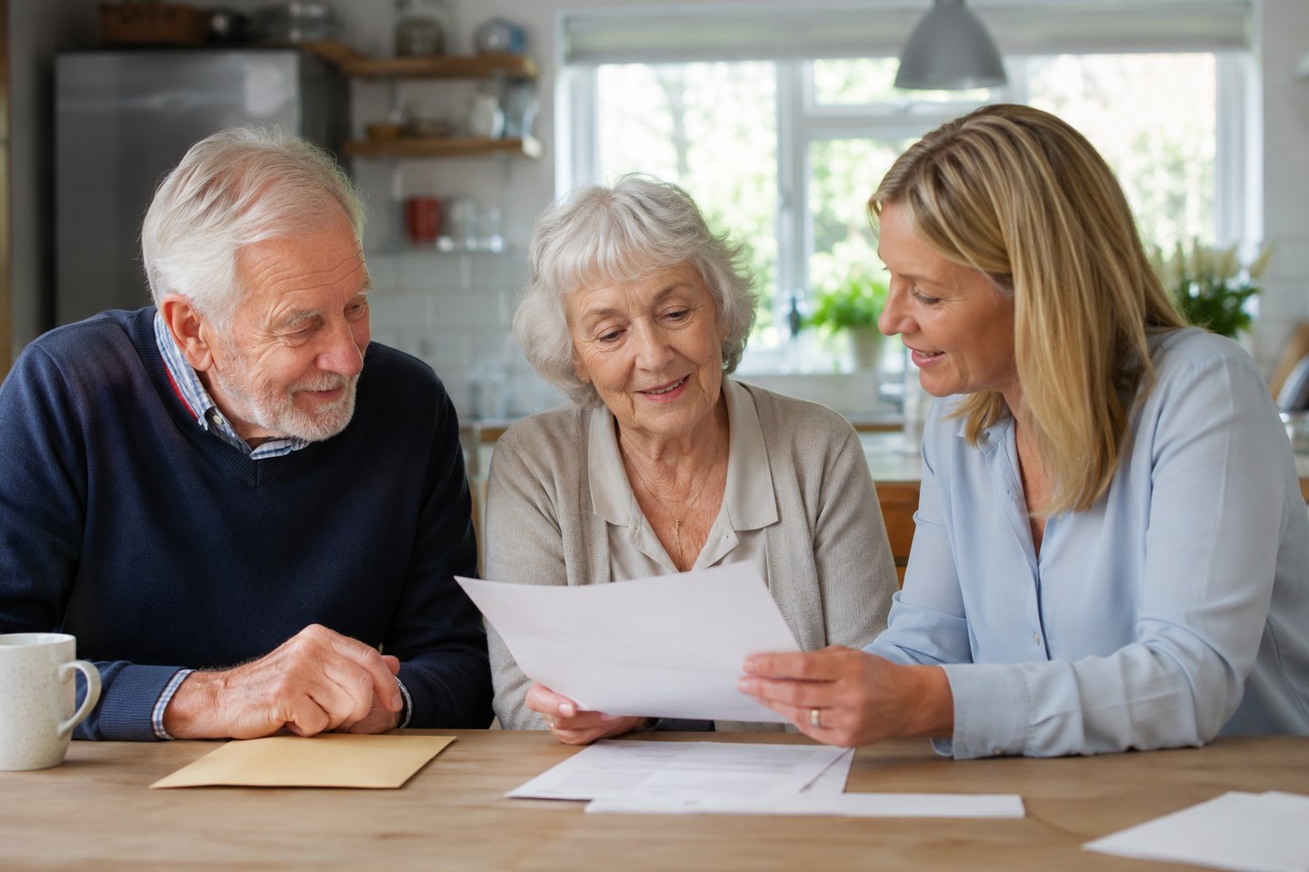 An older couple reviewing paperwork with their adult daughter at home