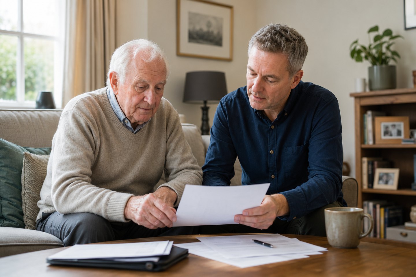 An older man and his adult son reviewing a letter and paperwork together at home.