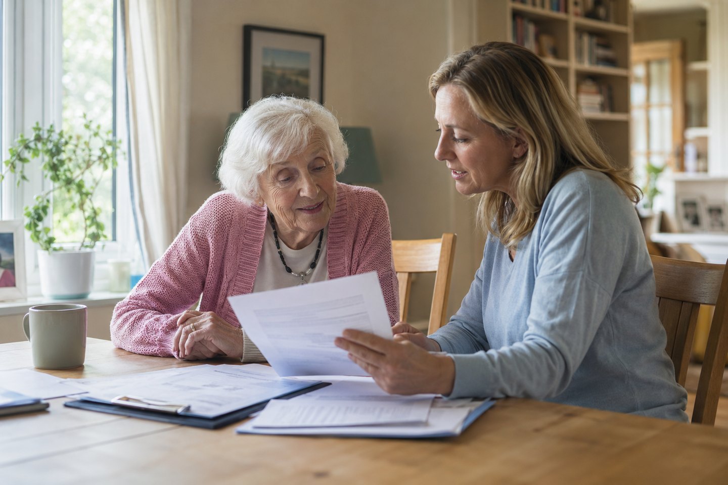 An older woman and her adult daughter calmly reviewing paperwork at a table.