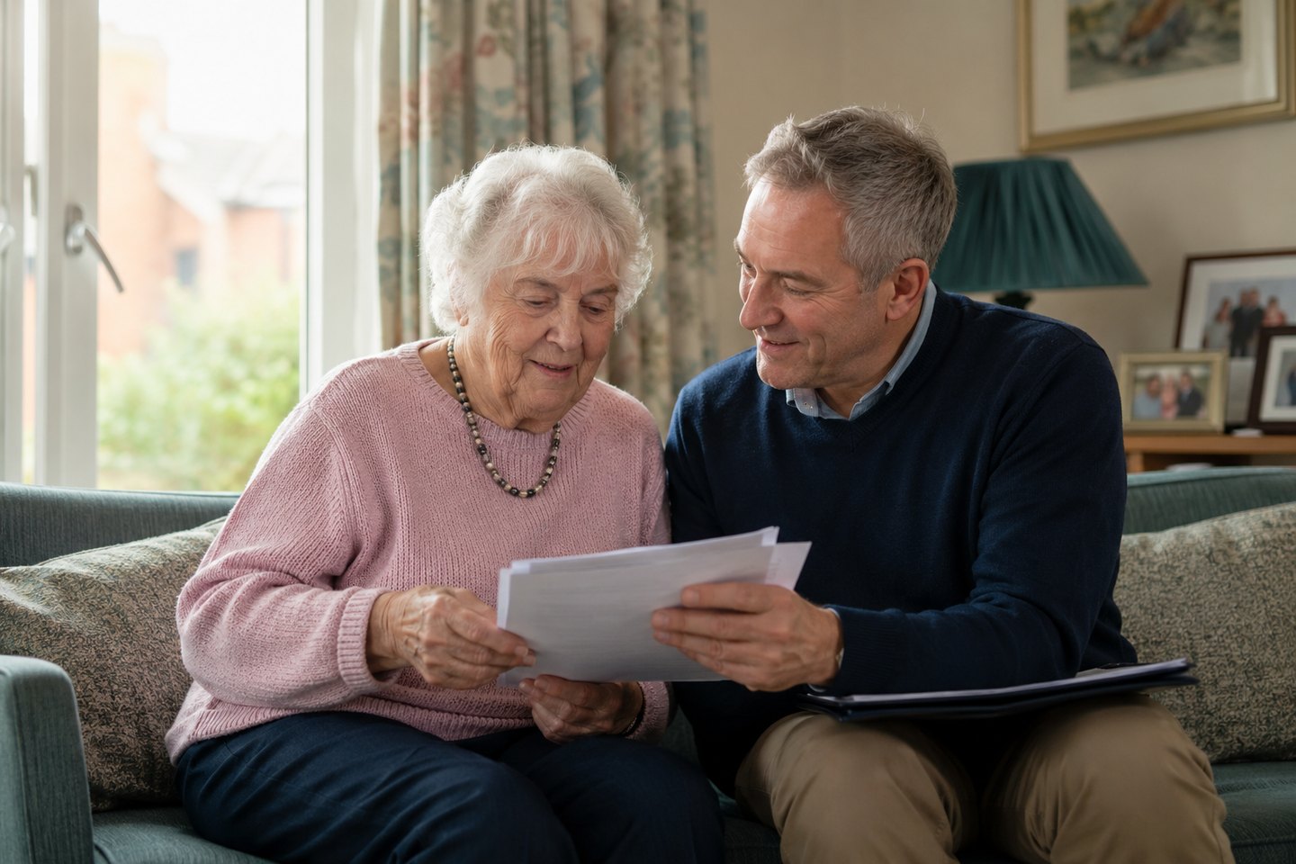 An older woman and her adult son reviewing paperwork together in a comfortable living room.