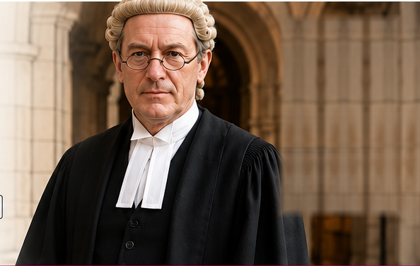 Atticus, The Benefits Barrister, in wig and gown standing in front of a historic stone building.